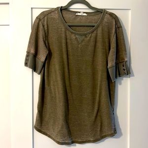 Short sleeve boho chic top. Olive green distressed look.
